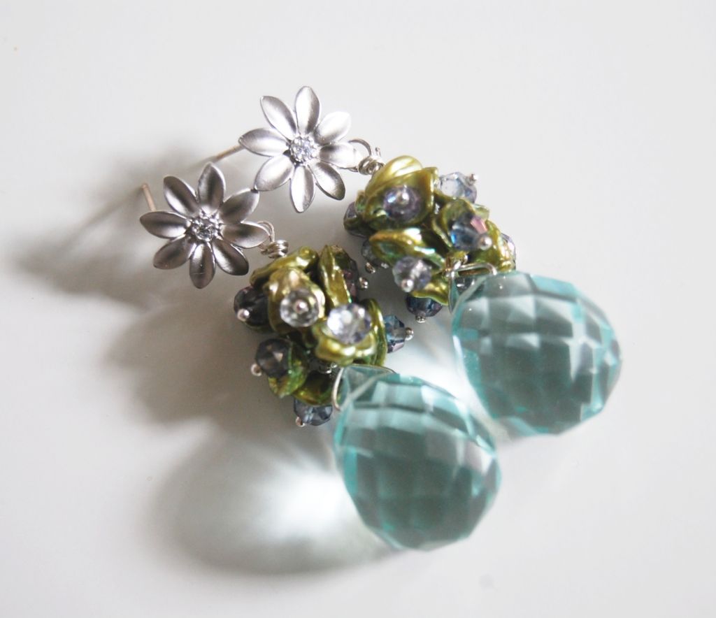Sky Blue Quartz, Green keishi pearl, Iolite dangle Earrings Sky Blue Quartz, Green keishi pearl, Iolite dangle Earrings
