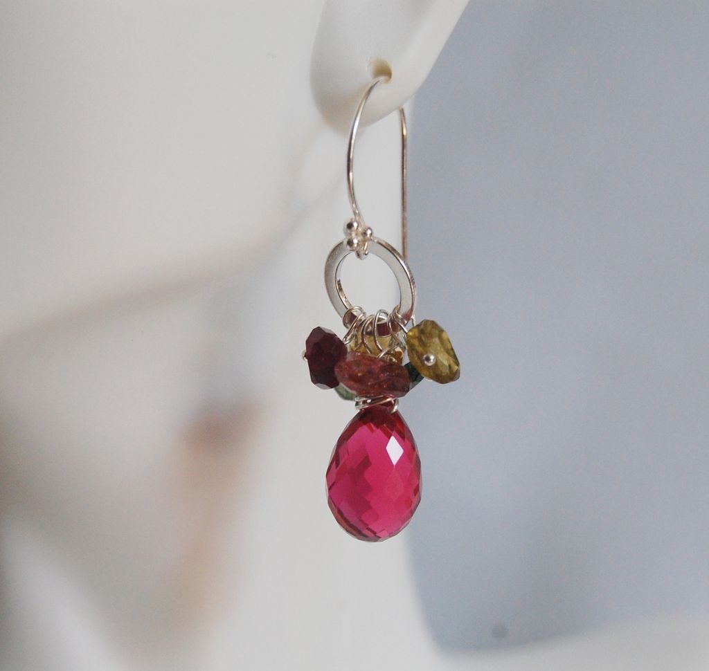 Gemstone earrings-Gorgeous Multi tourmaline - Hot Pink Quartz - Sterling Silver Earrings Gemstone earrings-Gorgeous Multi tourmaline - Hot Pink Quartz - Sterling Silver Earrings