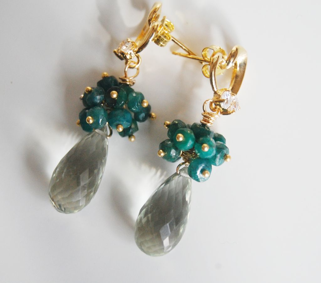 Gemstone Amethyst Cluster Earrings - Green Amethyst and Genuine Emerald Dangle Earrings Gemstone Amethyst Cluster Earrings - Green Amethyst and Genuine Emerald Dangle Earrings