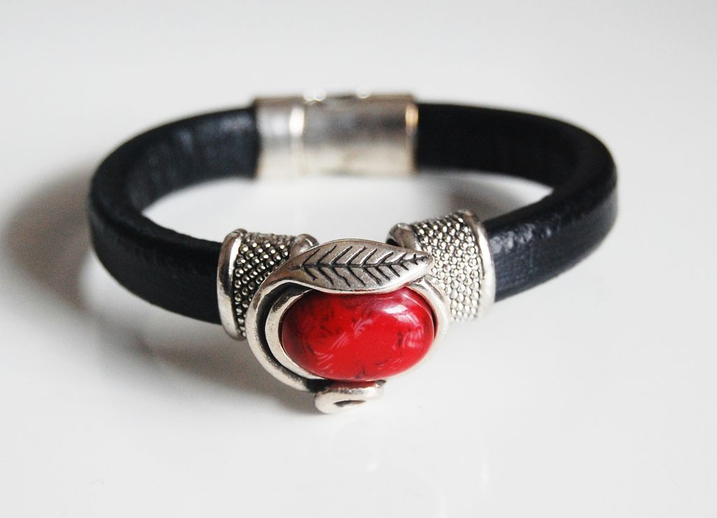 Black Licorice Leather Bracelet- Bangle bracelet- Red stone charm Bracelet - Cuff Bracelets Black Licorice Leather Bracelet- Bangle bracelet- Red stone charm Bracelet - Cuff Bracelets