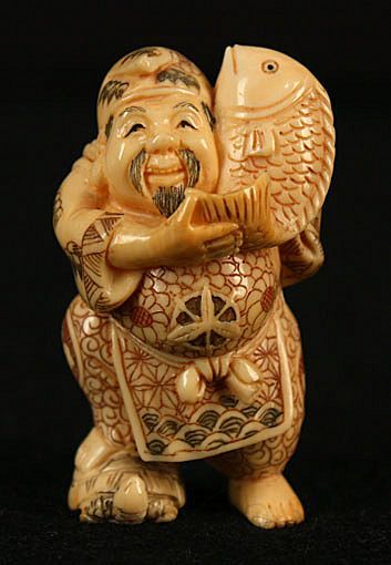 Old Japanese Hand Carved Signed Netsuke Man W/ Big Fish Old Japanese Hand Carved Signed Netsuke Man W/ Big Fish