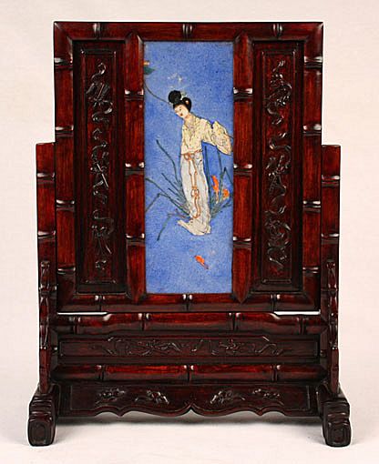 Antique Chinese Carved Wood Table Screen Courtesan Tile Antique Chinese Carved Wood Table Screen Courtesan Tile