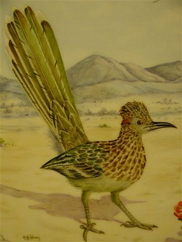Painting on porcelain road runner in desert Painting on porcelain road runner in desert