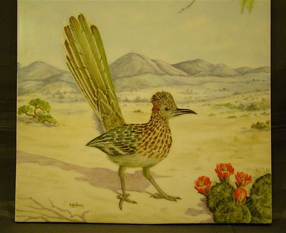 Painting on porcelain road runner in desert Painting on porcelain road runner in desert