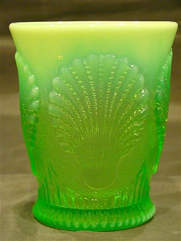Dugan green opalescent set of six Beaded Shell tumblers Dugan green opalescent set of six Beaded Shell tumblers