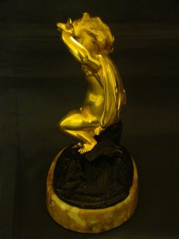 French gilded bronze scuplture boy with bird in his hand French gilded bronze scuplture boy with bird in his hand
