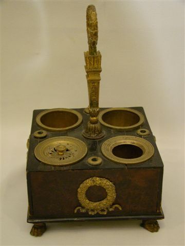 French empire burl wood and ormolu inkstand inkwell French empire burl wood and ormolu inkstand inkwell