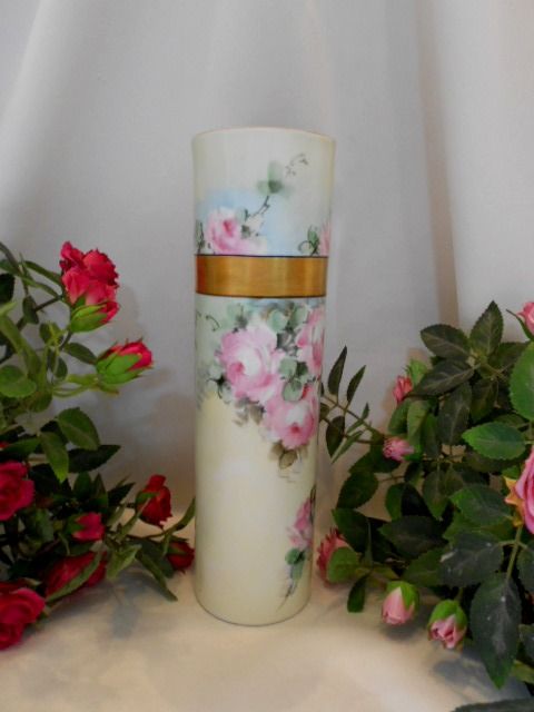 Beautiful Bavarian Cylinder Vase; Roses; Artist; Gold Banding Beautiful Bavarian Cylinder Vase; Roses; Artist; Gold Banding