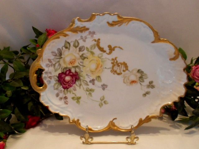 Gorgeous Limoges Tray; Red & Yellow Roses; Rococo; Ornate; Victorian; Handpainted; Raised Paste Scroll Gorgeous Limoges Tray; Red & Yellow Roses; Rococo; Ornate; Victorian; Handpainted; Raised Paste Scroll