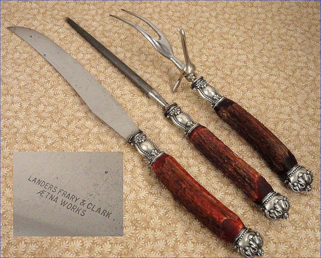 Antique Sterling Silver Stag Horn Antler Handle Carving Set Landers