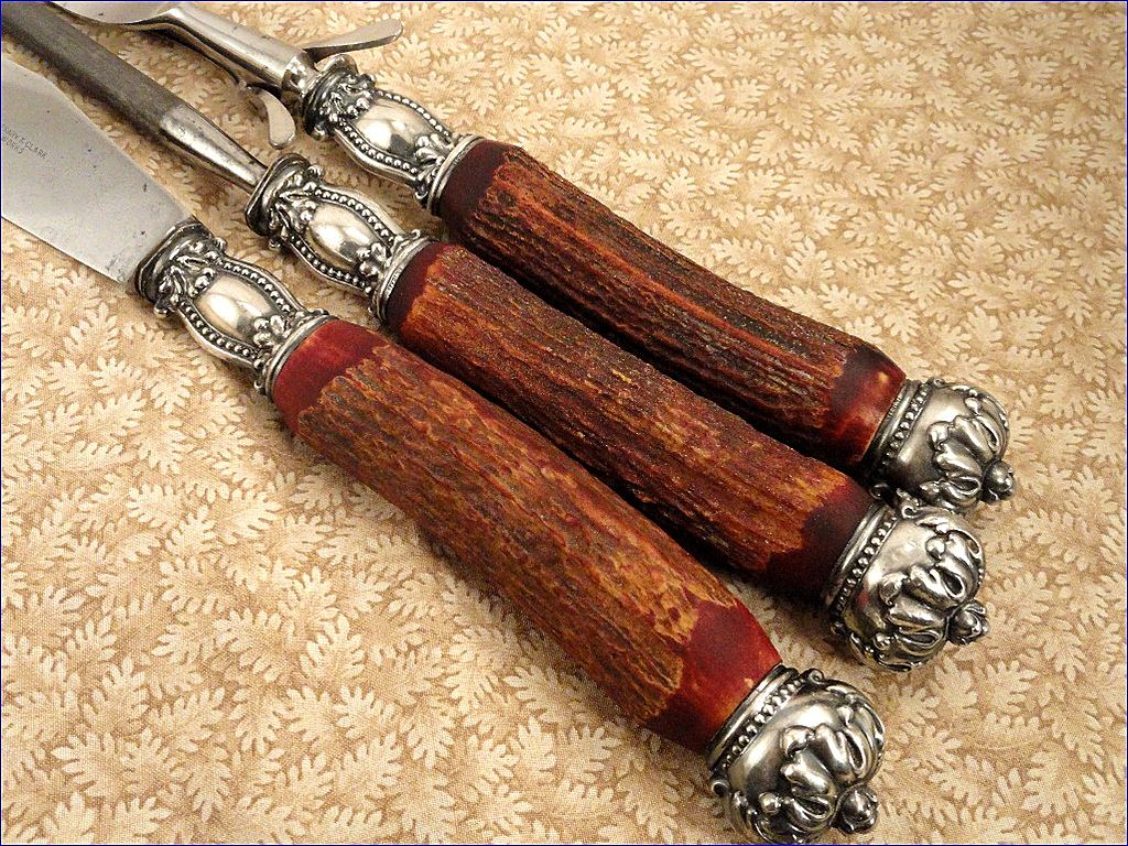 Antique Sterling Silver Stag Horn Antler Handle Carving Set Landers