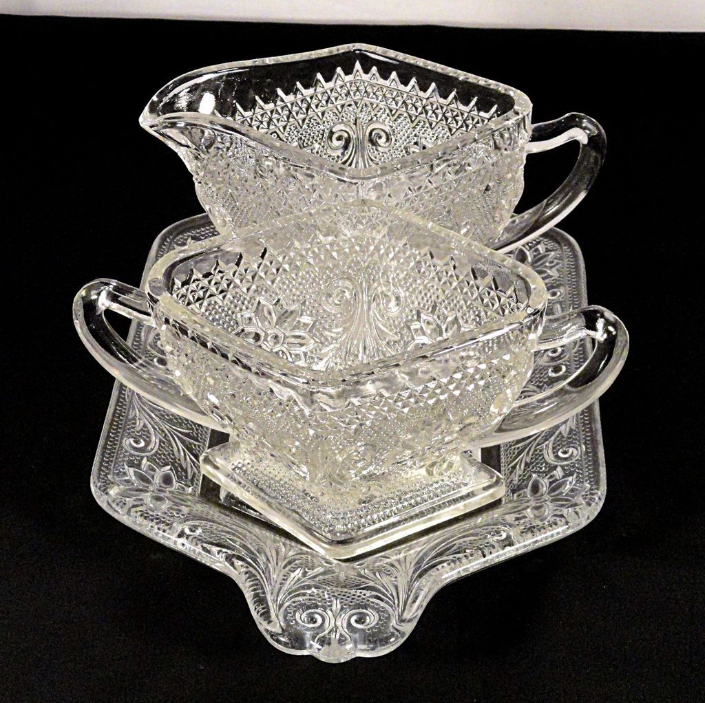 Vintage Indiana Sandwich Glass Pattern #170 Crystal Creamer and Sugar on Tray Vintage Indiana Sandwich Glass Pattern #170 Crystal Creamer and Sugar on Tray