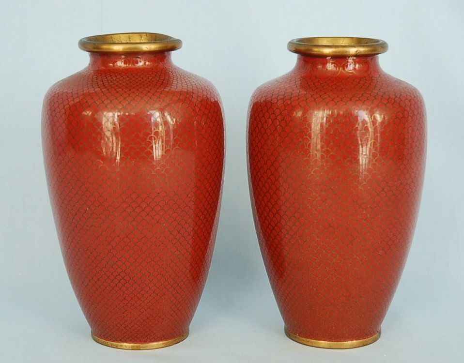 Vintage Pair Japanese Cloisonné Vases with Fish Scale Wirework Vintage Pair Japanese Cloisonné Vases with Fish Scale Wirework