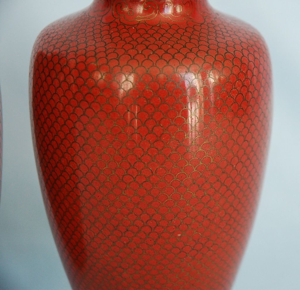 Vintage Pair Japanese Cloisonné Vases with Fish Scale Wirework Vintage Pair Japanese Cloisonné Vases with Fish Scale Wirework