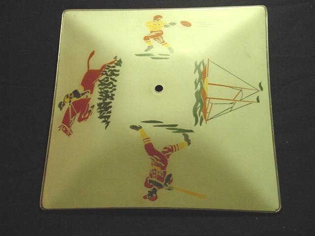 Vintage 1950's Glass Ceiling Light Shade With Sports Football, Baseball, Horse Jumping, Sailing Vintage 1950's Glass Ceiling Light Shade With Sports Football, Baseball, Horse Jumping, Sailing