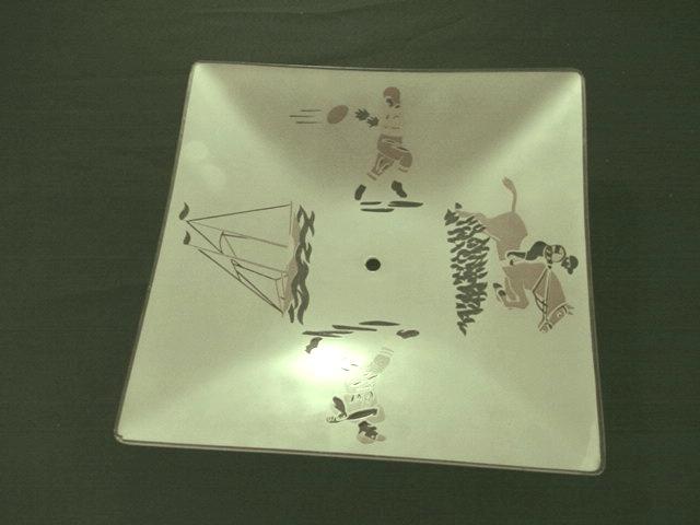 Vintage 1950's Glass Ceiling Light Shade With Sports Football, Baseball, Horse Jumping, Sailing Vintage 1950's Glass Ceiling Light Shade With Sports Football, Baseball, Horse Jumping, Sailing