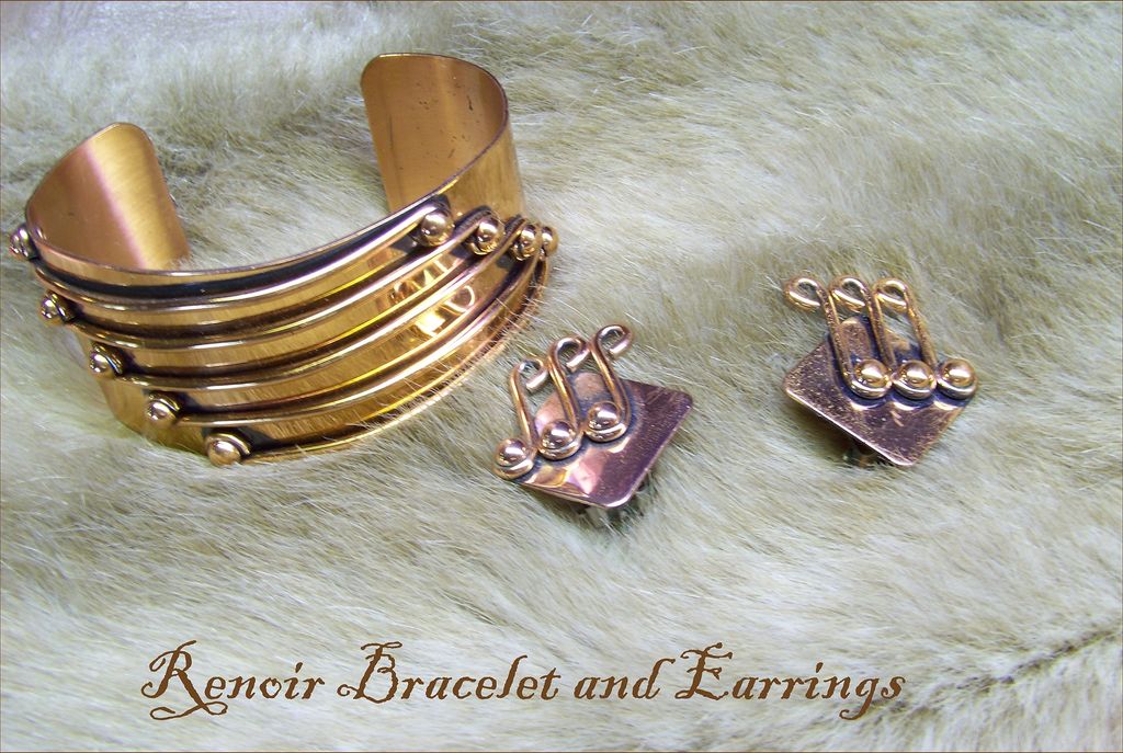 Renoir Large Copper Cuff Bracelet and Earrings from the 1950s SIGNED Renoir Large Copper Cuff Bracelet and Earrings from the 1950s SIGNED