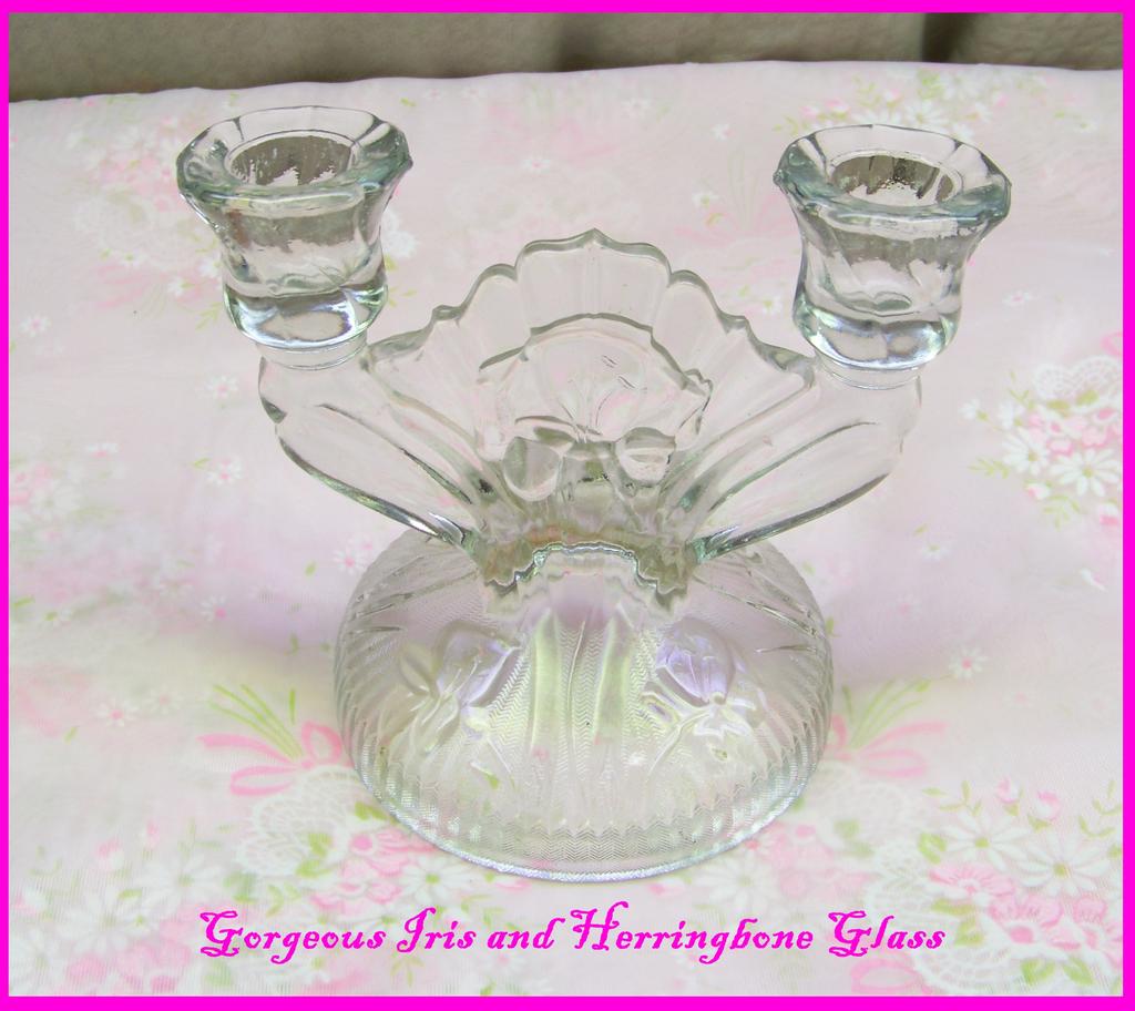 Iris Depression Glass ~ Jeannette Glass Co. ~ Crystal Iris Depression Glass Candlestick Iris Depression Glass ~ Jeannette Glass Co. ~ Crystal Iris Depression Glass Candlestick