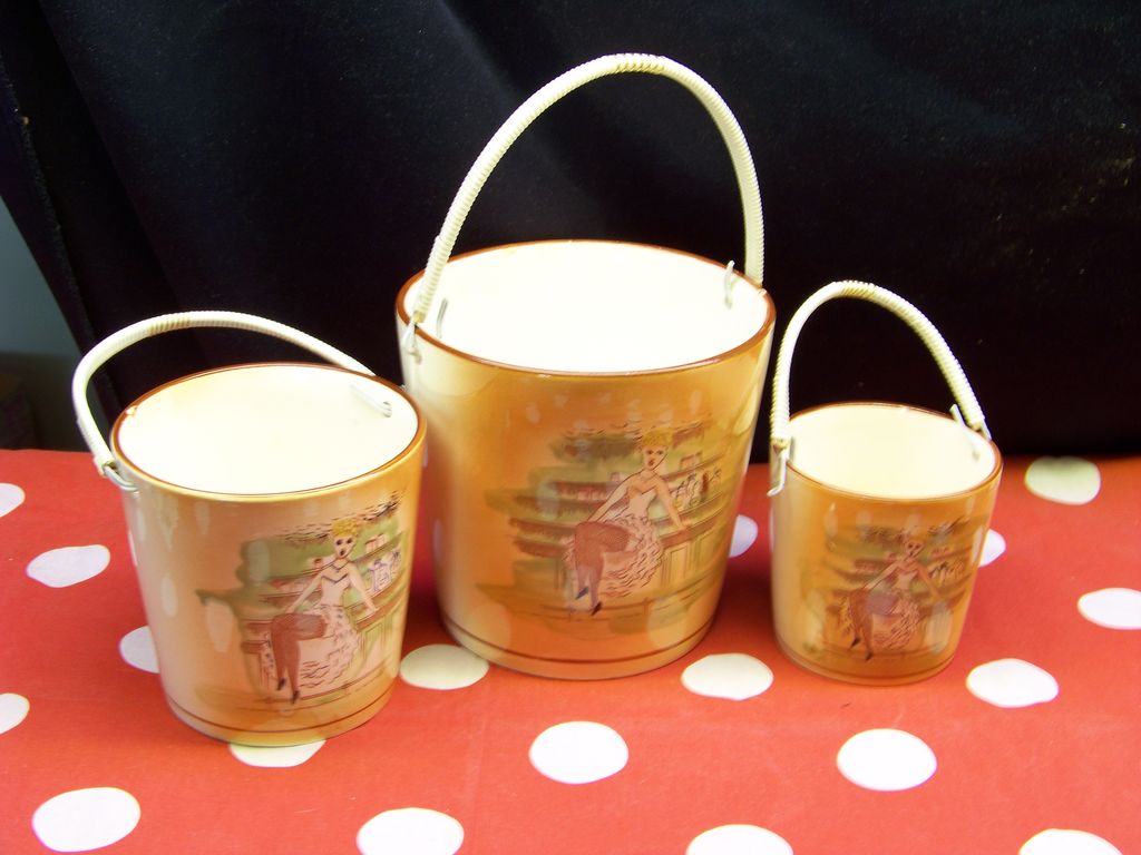 Vintage Nesting Snack Bowl Bucket Set Barber Shop Singers Motif Vintage Nesting Snack Bowl Bucket Set Barber Shop Singers Motif
