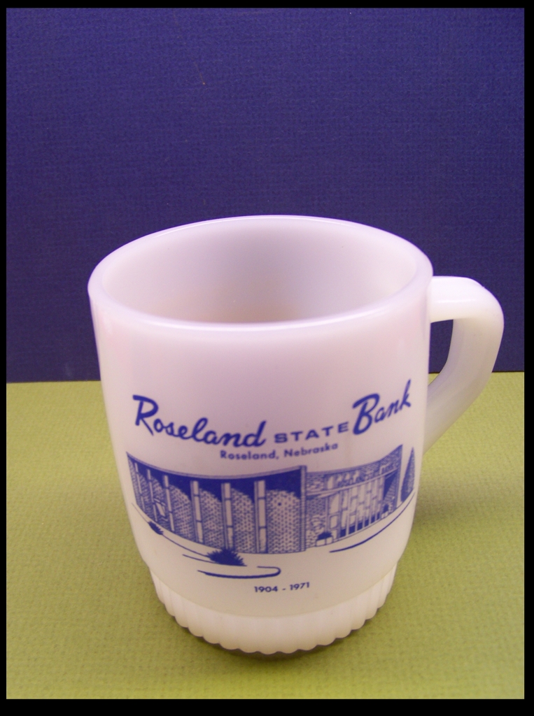 Fire King Glass Coffee Mug Advertising Roseland, Nebraska Bank Fire King Glass Coffee Mug Advertising Roseland, Nebraska Bank