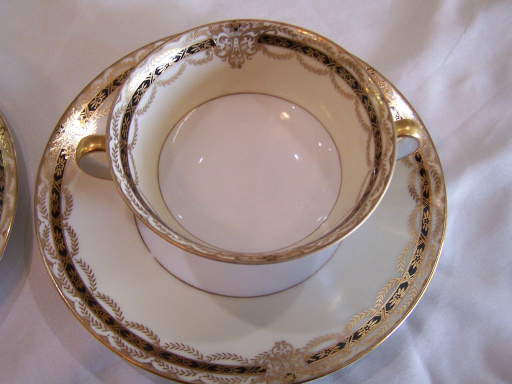 Vintage Noritake China Gacahad 103004 Double Soup Bowls (2) w/ Saucers (2) Black Gold Band Vintage Noritake China Gacahad 103004 Double Soup Bowls (2) w/ Saucers (2) Black Gold Band