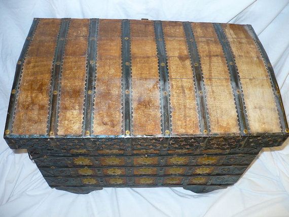 Rare Antique Dowry Chest Box Trunk Wood Wheels Ornate Metal Rare Antique Dowry Chest Box Trunk Wood Wheels Ornate Metal