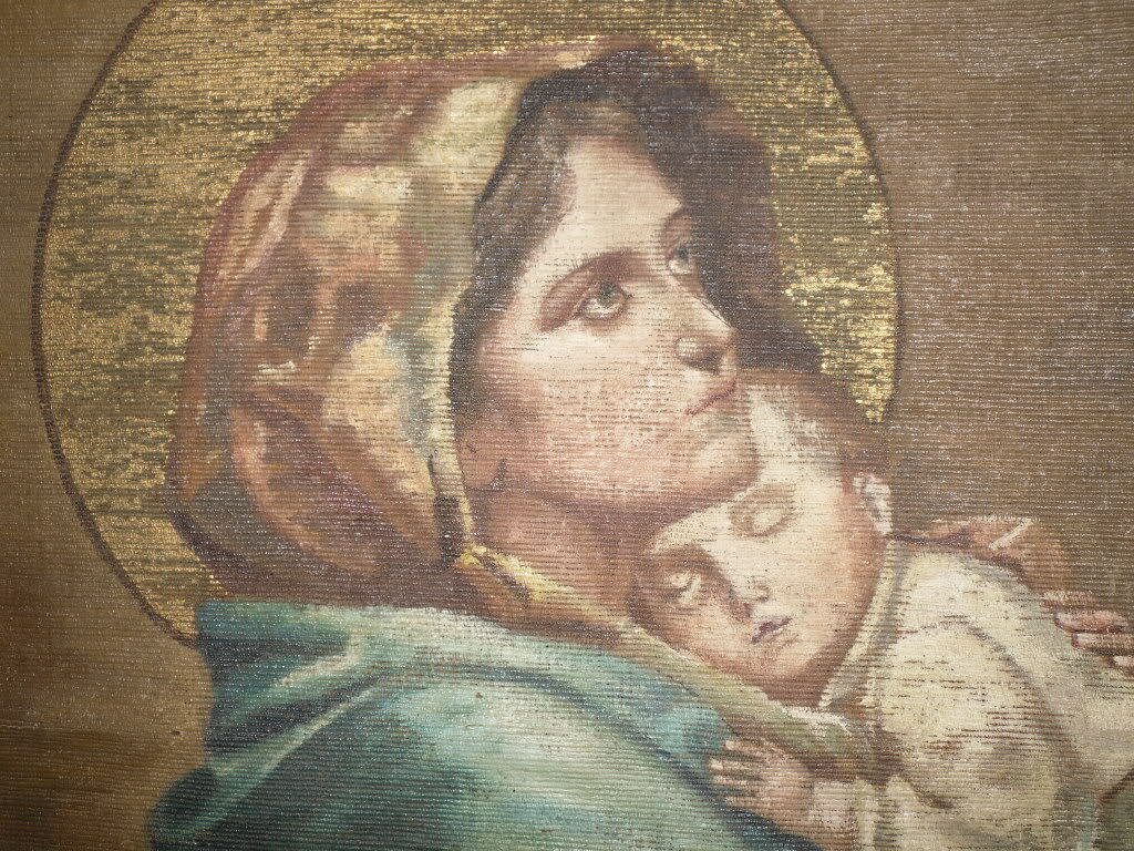 Antique 1905 Painting Church Banner Madonna after Ferruzzi Madonnina Antique 1905 Painting Church Banner Madonna after Ferruzzi Madonnina