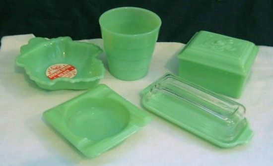 Lot of Fire King Jadeite Glass - Butter Dish, Rose Box Ashtray Dish - Factory Label Lot of Fire King Jadeite Glass - Butter Dish, Rose Box Ashtray Dish - Factory Label
