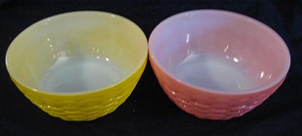 2 Fire King Basketweave Sealtest Cottage Cheese Bowls with Original Metal Lids- Pink Yellow - 10% Off Sale September 2 Fire King Basketweave Sealtest Cottage Cheese Bowls with Original Metal Lids- Pink Yellow - 10% Off Sale September