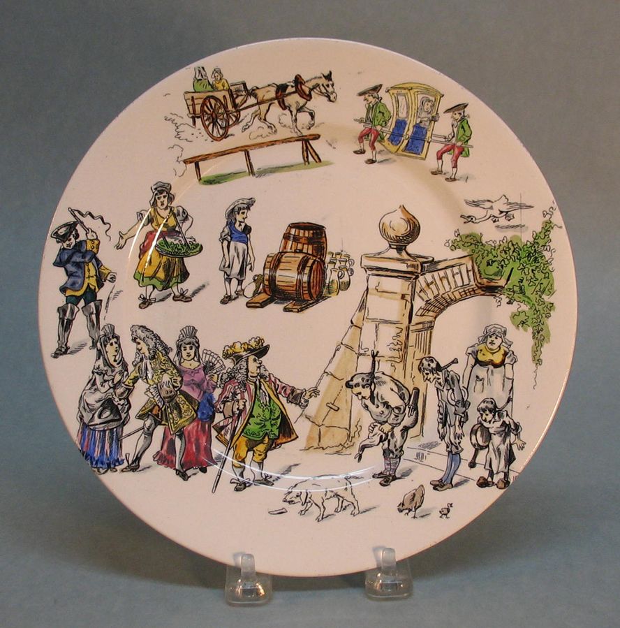 Longwy Pottery Plate with Scenes of Village Life circa 1885 Longwy Pottery Plate with Scenes of Village Life circa 1885
