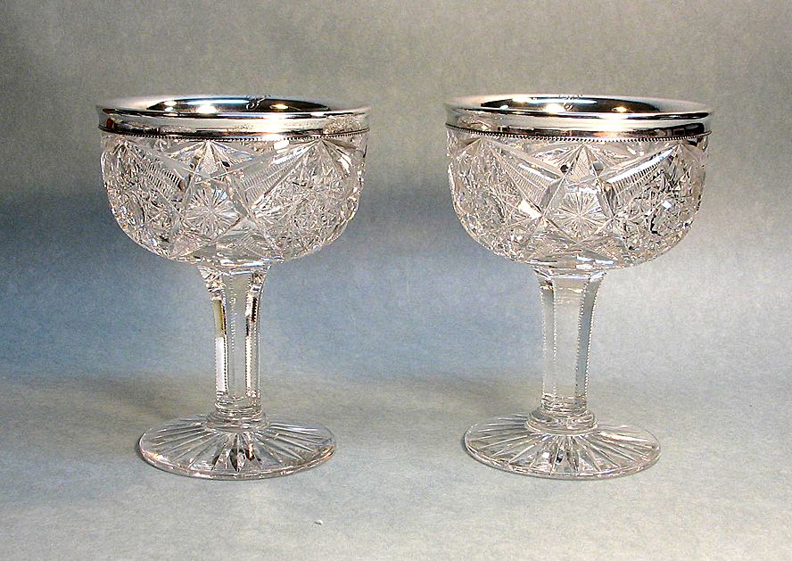 Pair American Brilliant Cut Glass Compotes with Sterling Rims Pair American Brilliant Cut Glass Compotes with Sterling Rims