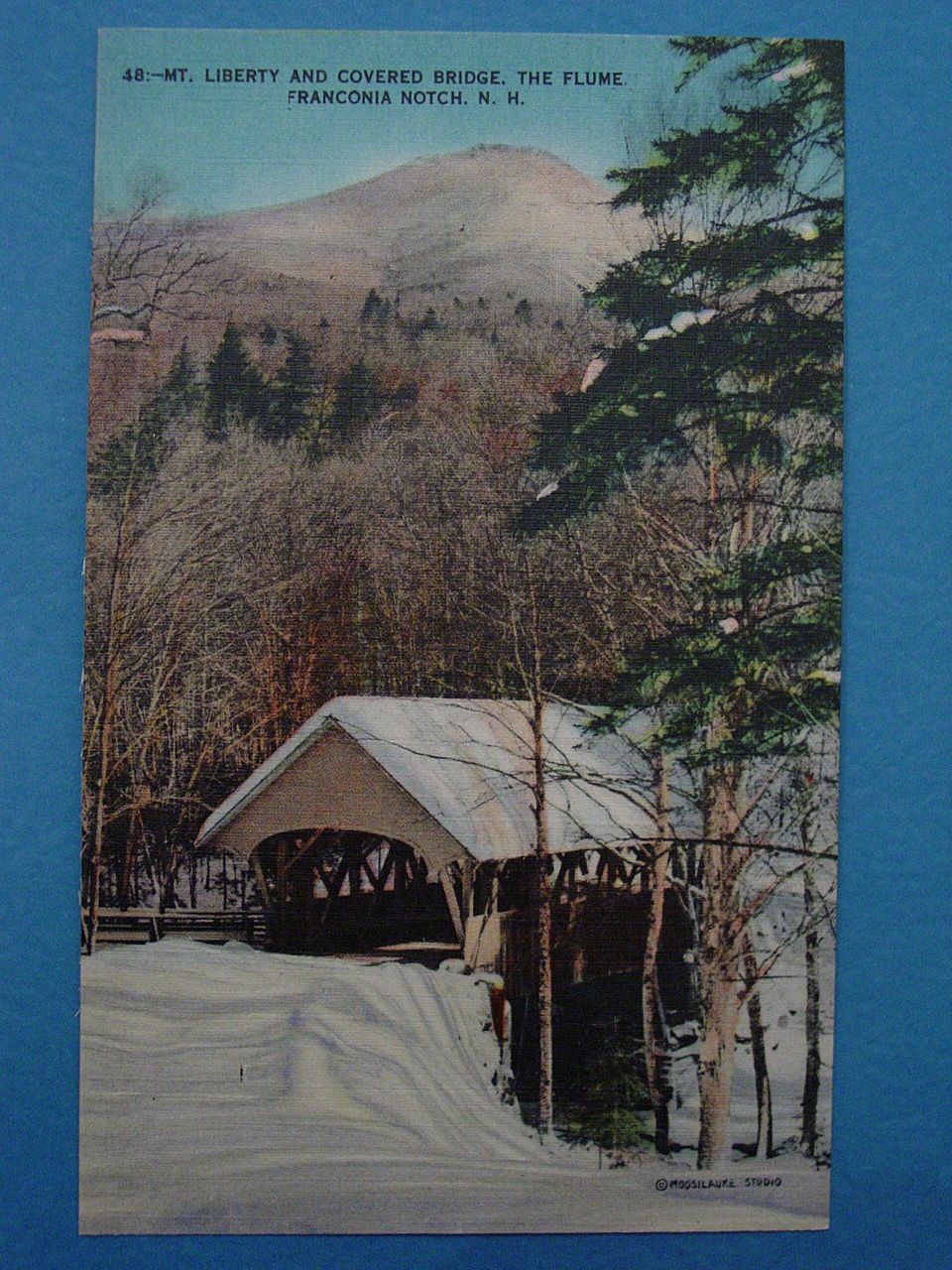 COVERED BRIDGE in Winter Franconia Notch, NH Mt. Liberty / The Flume Unused Linen Postcard COVERED BRIDGE in Winter Franconia Notch, NH Mt. Liberty / The Flume Unused Linen Postcard