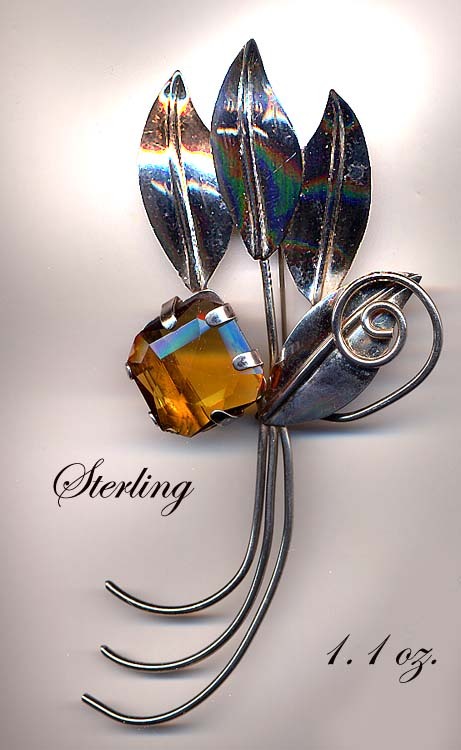 Large Sterling Silver And Topaz Glass Flower Pin Large Sterling Silver And Topaz Glass Flower Pin