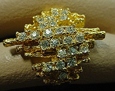 Gold Tone Abstract Cocktail Ring with F aux Diamonds, 1960's. Gold Tone Abstract Cocktail Ring with F aux Diamonds, 1960's.