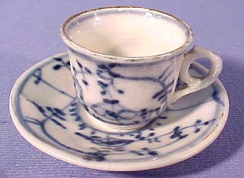 Victorian China, Doll Size or Miniature Blue & White Cup & Saucer Victorian China, Doll Size or Miniature Blue & White Cup & Saucer