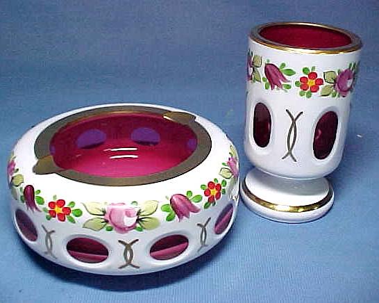 Bohemian White Cut To Cranberry Smoking Set Bohemian White Cut To Cranberry Smoking Set