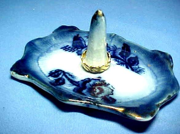 Victorian Pottery Flow Blue Ring Stand with Pansy Flowers Victorian Pottery Flow Blue Ring Stand with Pansy Flowers