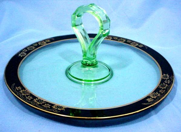 Art Deco Serving Plate with Green Glass Center Handle Art Deco Serving Plate with Green Glass Center Handle