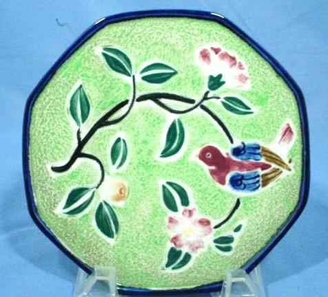 Majolica Style Hand Painted Tea Tile or Trivet with Bird Majolica Style Hand Painted Tea Tile or Trivet with Bird