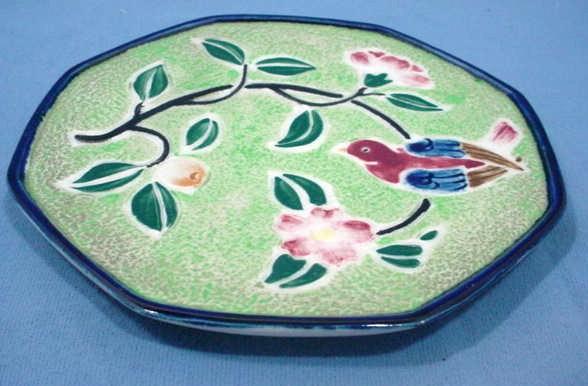 Majolica Style Hand Painted Tea Tile or Trivet with Bird Majolica Style Hand Painted Tea Tile or Trivet with Bird