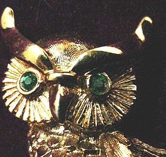 Signed Monet Golden Owl Pin with Faux Emerald Eyes Signed Monet Golden Owl Pin with Faux Emerald Eyes