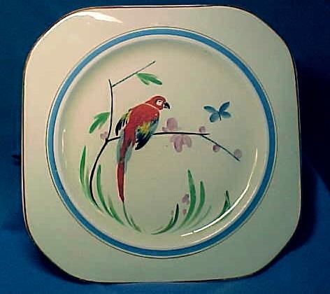Art Deco English Pottery Hand Painted Plate with Parrot and Butterfly Art Deco English Pottery Hand Painted Plate with Parrot and Butterfly