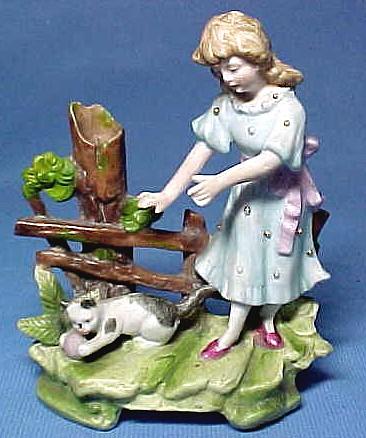 Victorian Bisque Porcelain Pretty Girl in Blue Dress with Kitten Victorian Bisque Porcelain Pretty Girl in Blue Dress with Kitten