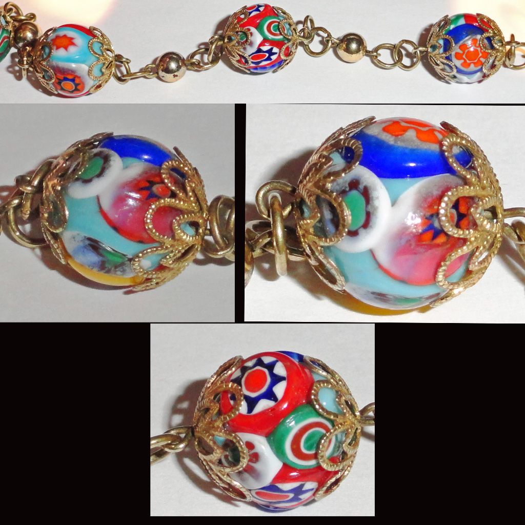 Hand Made Italian Murano Millefiori Art Glass Bead Bracelet