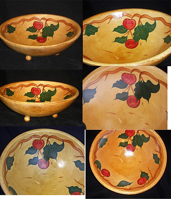 Vintage Hand Painted Wooden Salad Bowl Set Apple Design 1950's Vintage Hand Painted Wooden Salad Bowl Set Apple Design 1950's