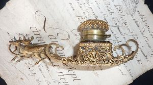 Enchanting rare 19th C French ormolu crystal sledge reindeer ink well Enchanting rare 19th C French ormolu crystal sledge reindeer ink well