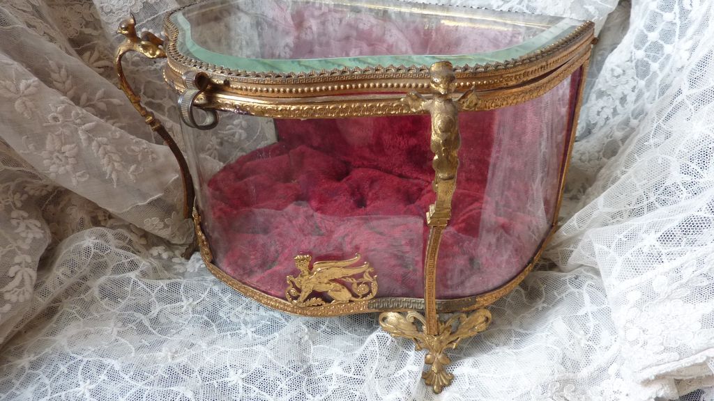 Rare 19th C. display curved box casket vitrine Empire motifs Rare 19th C. display curved box casket vitrine Empire motifs