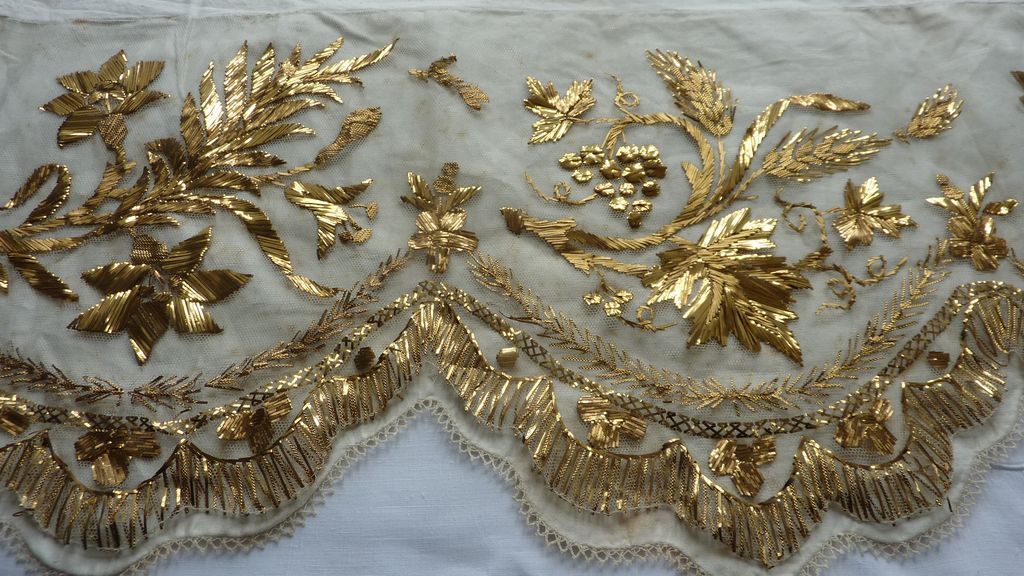 Antique French religious embroidered tulle gold thread antependium alter textile Antique French religious embroidered tulle gold thread antependium alter textile