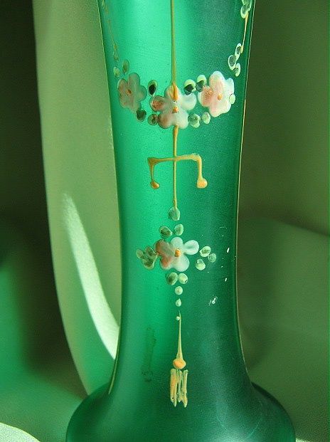 Antique Green Satin Glass & Enamel Moriage Vase Antique Green Satin Glass & Enamel Moriage Vase
