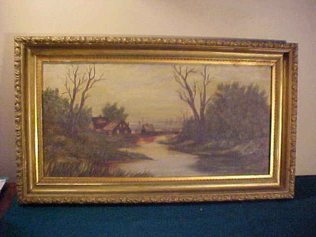Antique Signed Gold Gild Frame River Scene Oil on Canvas Painting Antique Signed Gold Gild Frame River Scene Oil on Canvas Painting